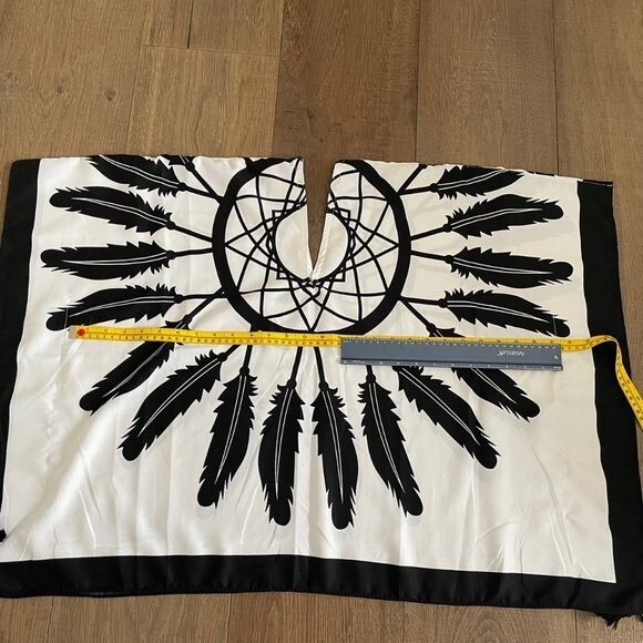 Bohemian Vintage Black&White Fringed Poncho Women's Top (One Size) - Picture 9 of 9